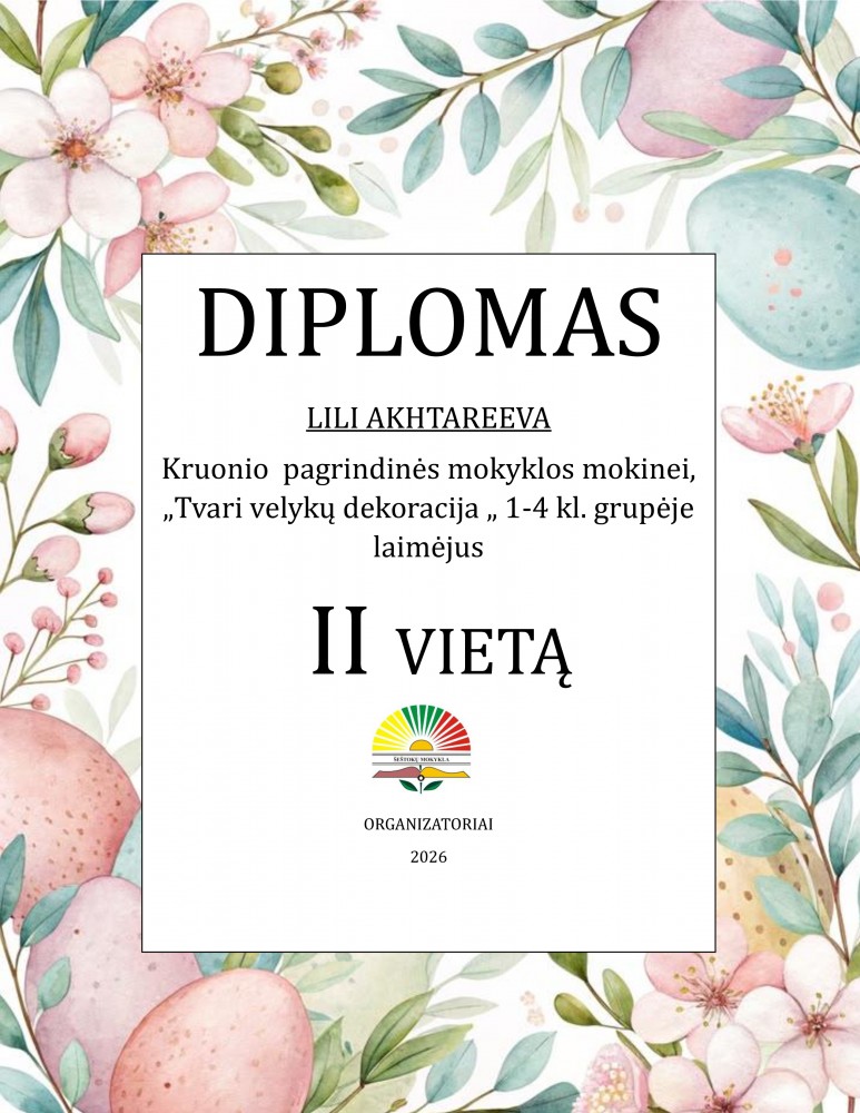 Dalyvavome respublikiniame konkurse „Tvari Velykų dekoracija“. Sveikiname prizininkę Lili Akhtareevą