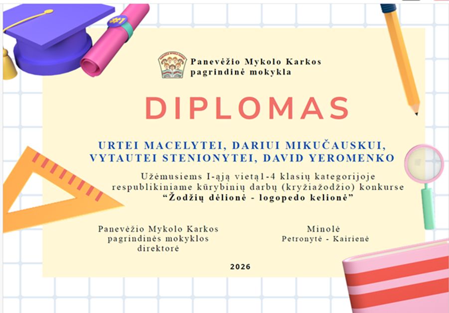 Mokyklos pradinukai sėkmingai pasirodė respublikiniame kryžiažodžių konkurse „Žodžių dėlionė – logopedo kelionė“